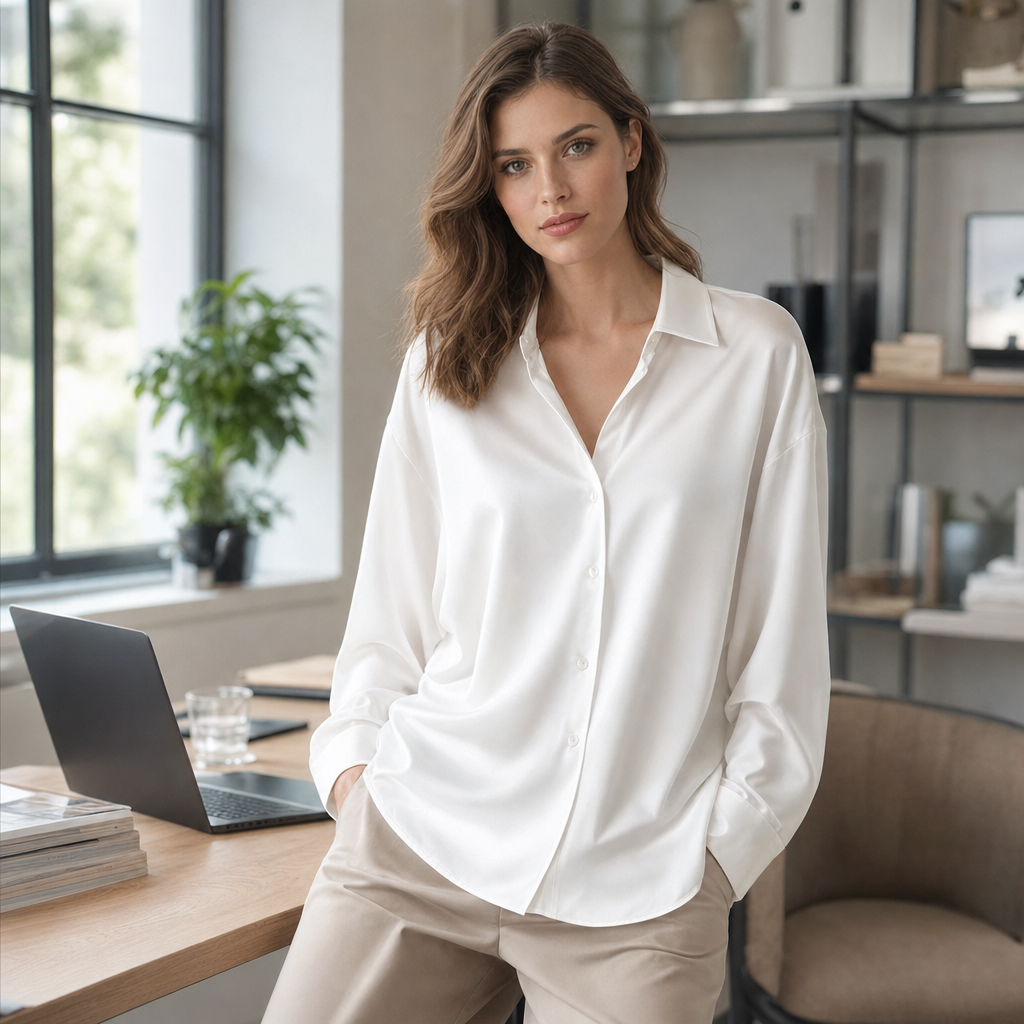 Women's office wear blouse, long sleeve and loose fit, offering a sophisticated and elegant look.