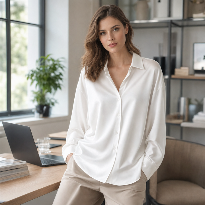 Women's office wear blouse, long sleeve and loose fit, offering a sophisticated and elegant look.