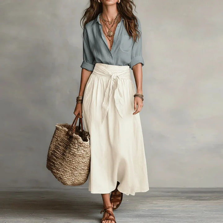 Elegant women's long sleeve skirt co-ord set. Matching two-piece outfit with a chic tie-waist skirt, versatile for office or casual.