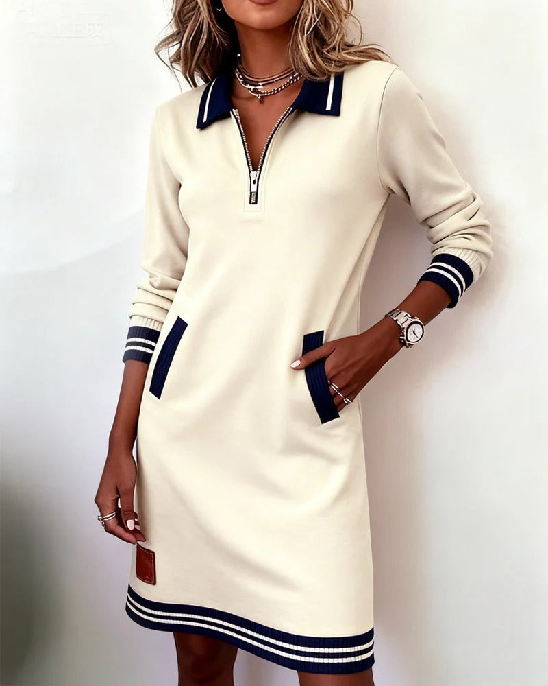 Versatile women's elegant long sleeve tunic dress styled for professional work wear, chic & comfortable.