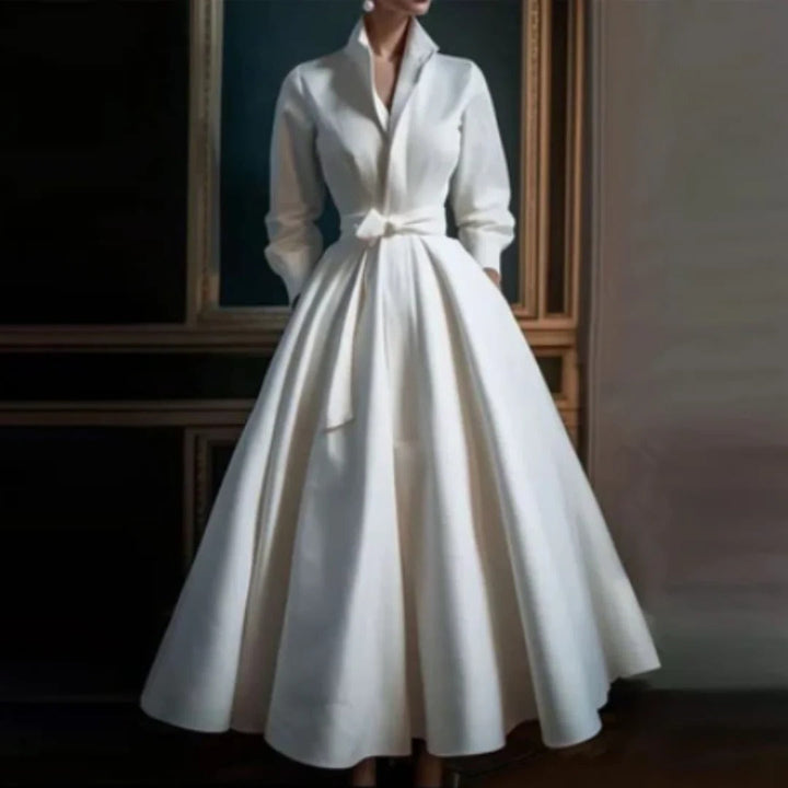 Elegant women's long sleeve V-neck A-line midi dress, perfect for sophisticated formal occasions or spring/summer events.
