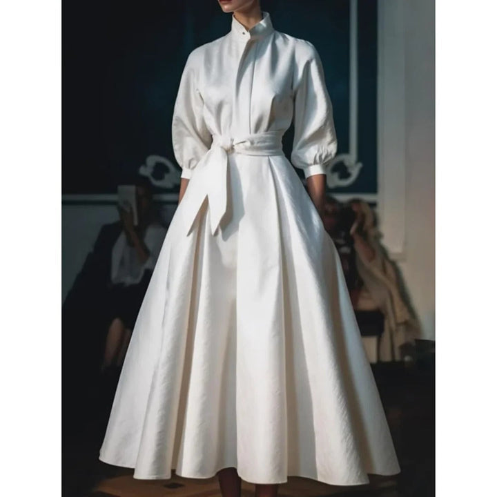 Timeless women's V-neck A-line midi dress with long sleeves, ideal for versatile elegant and formal wear.