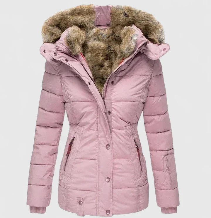 Stylish women's long winter coat, elegant design, warm and cozy outerwear for cold days.