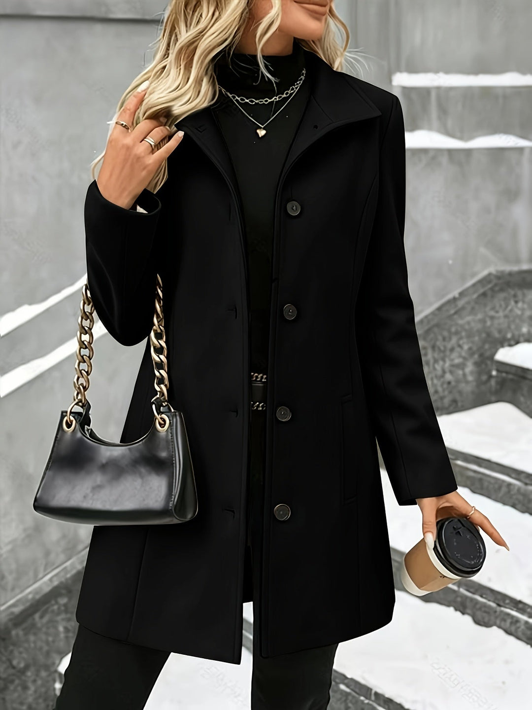 Single-breasted women's tailored coat featuring a stylish notch collar and longline design.