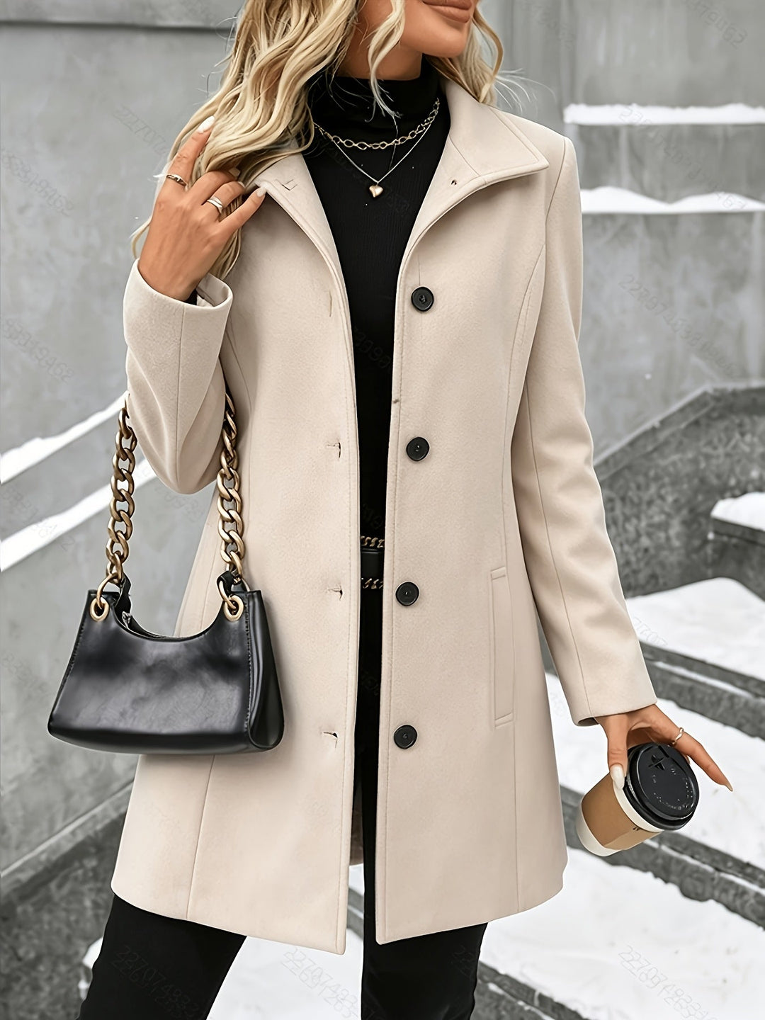 Classic women's longline winter coat, single-breasted and elegant, ideal for cold weather outerwear.