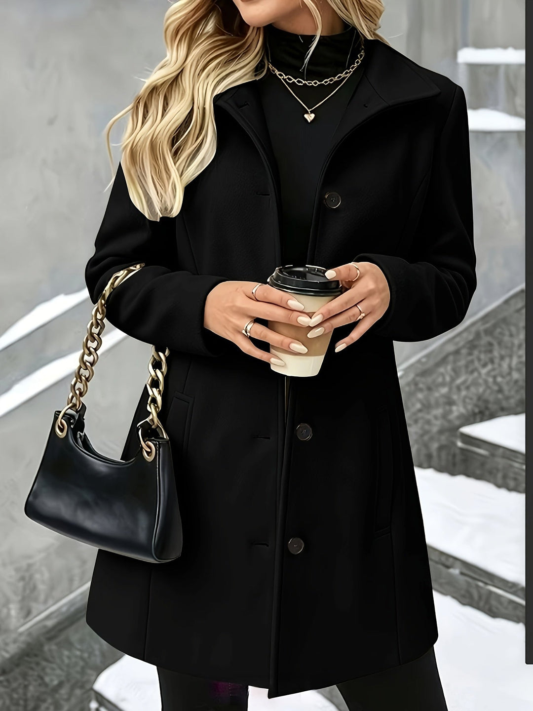 Longline women's single-breasted coat with an elegant notch collar, a classic piece of outerwear.