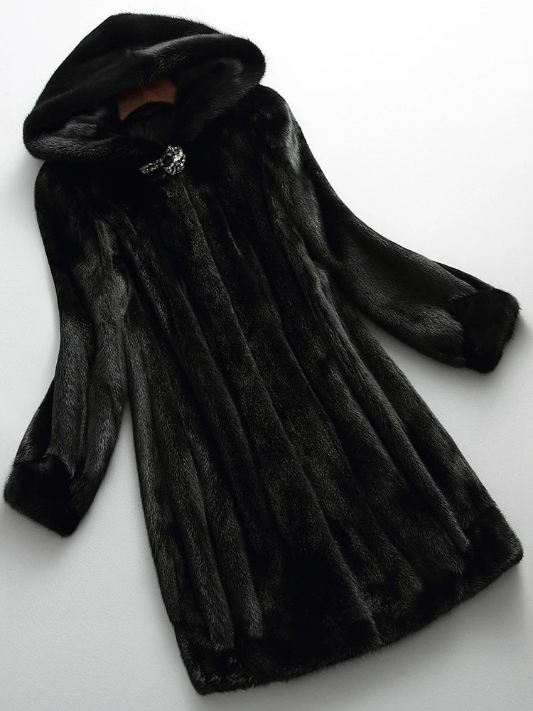 Elegant women's longline hooded coat, sophisticated outerwear for stylish autumn and winter fashion.