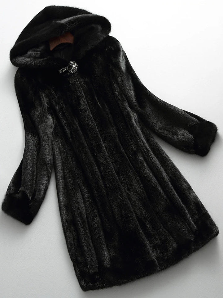 Elegant women's longline hooded coat, sophisticated outerwear for stylish autumn and winter fashion.