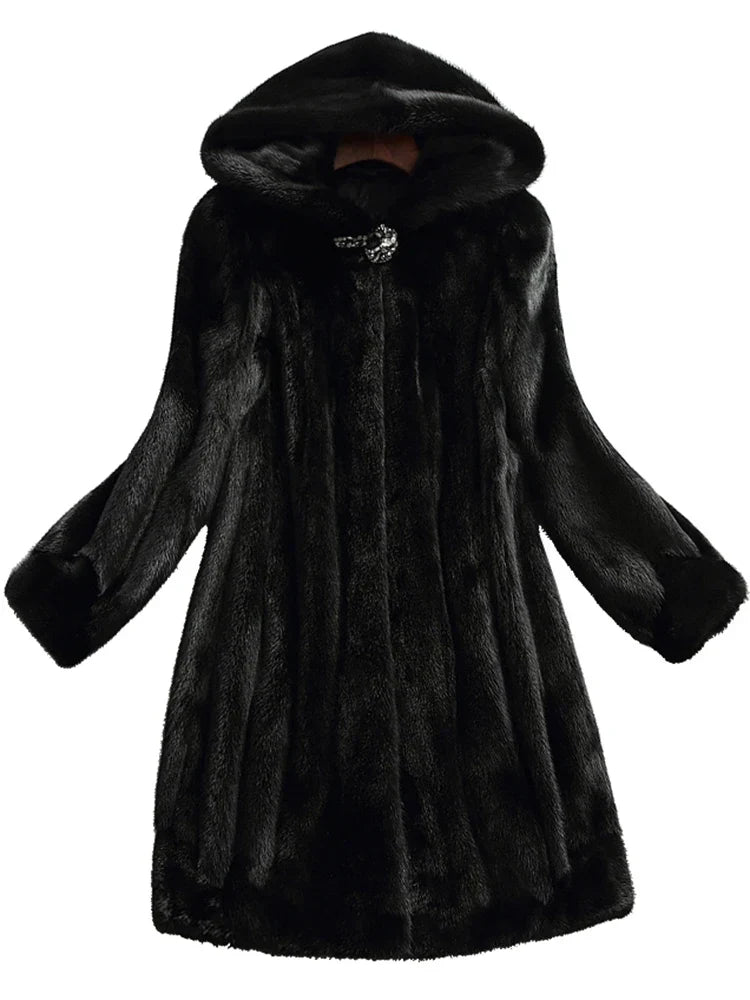 Stylish women's hooded longline coat, perfect for a modern autumn/winter statement. Warm and chic.