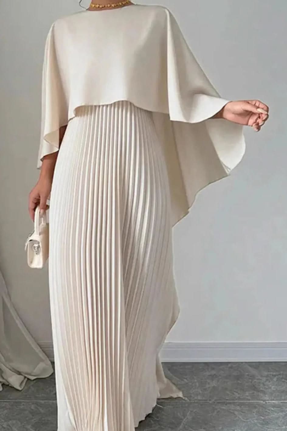 Elegant women's luxe pleated cape maxi dress, perfect for formal evening events & special occasions.