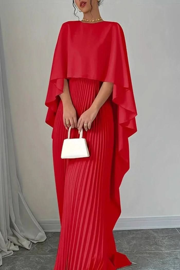 Formal women's cape maxi dress with elegant pleats, perfect for special occasions & evening events.