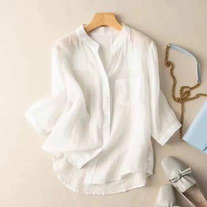 Versatile women's mandarin collar blouse for elegant casual wear. Perfect for spring and summer fashion.