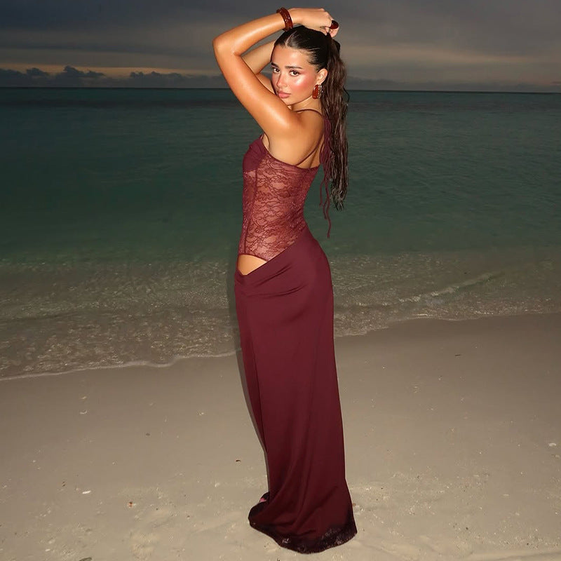 Graceful women's evening maxi dress, slim fit with elegant lace details and stylish strappy design.