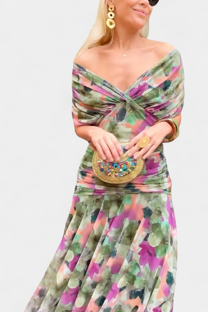 Chic women's formal gown with a pleated waist and elegant v-neck, sophisticated style.