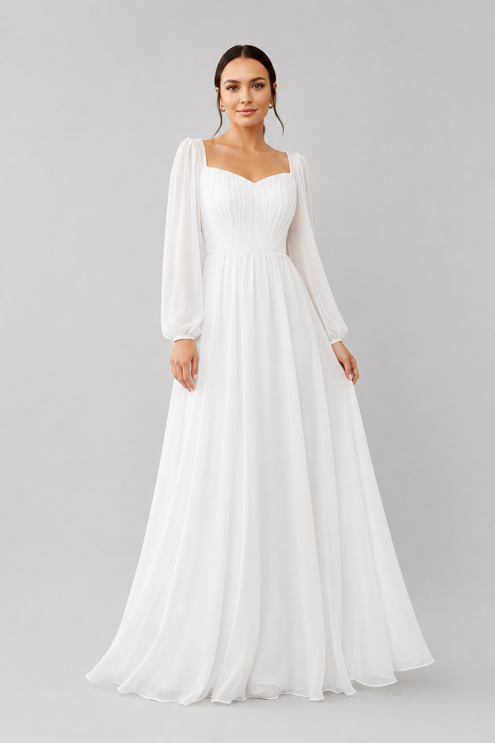 Elegant women's maxi dress with sweetheart neckline & long sleeves, perfect for formal evening events.