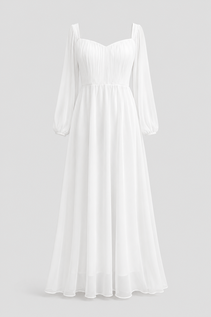 Beautiful women's long-sleeve maxi dress, features a flattering sweetheart neckline, ideal for special occasions.