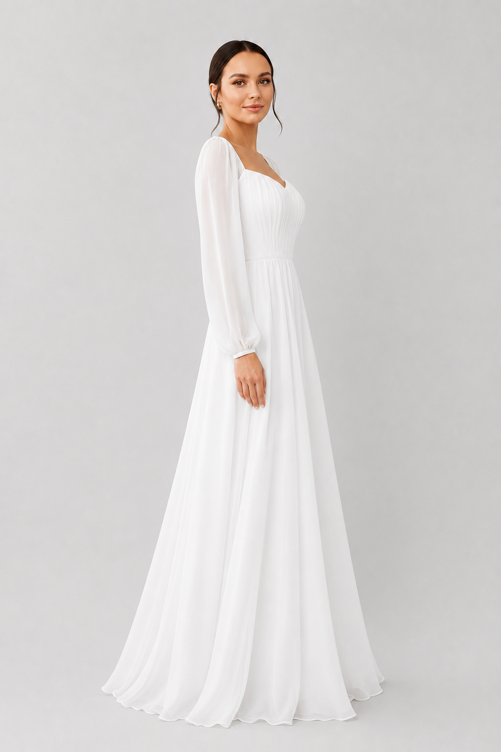 Formal women's evening maxi dress. Features a graceful sweetheart neckline & long sleeves for elegant parties.