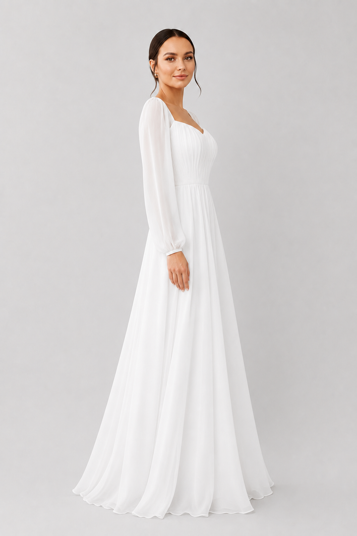 Formal women's evening maxi dress. Features a graceful sweetheart neckline & long sleeves for elegant parties.