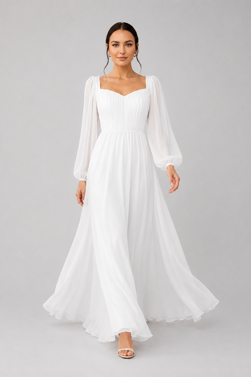 Chic women's formal maxi dress with sweetheart neckline & long sleeves, an elegant choice for party wear.