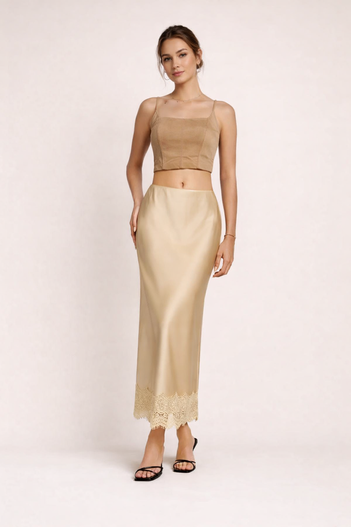 Elegant women's maxi skirt with lace hem, perfect for formal evenings & special occasions.