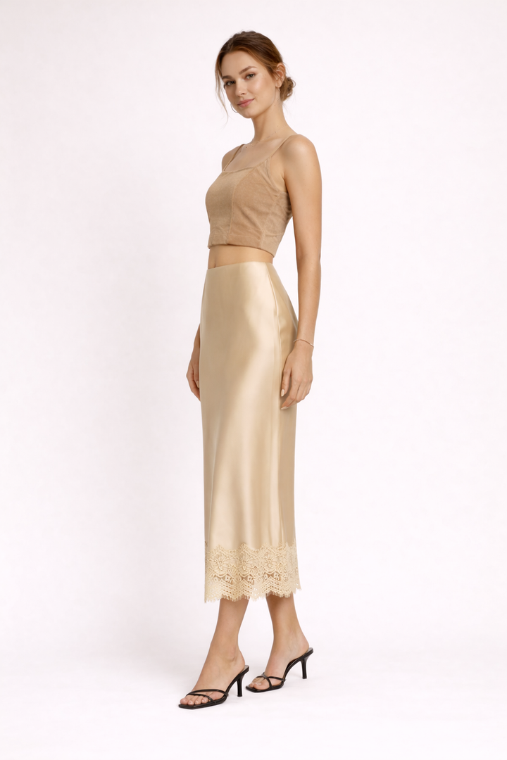 Flowy women's formal maxi skirt featuring delicate lace hem, sophisticated evening wear.