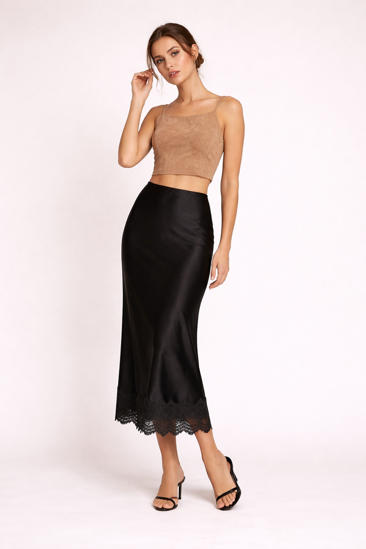 Modest yet elegant women's maxi skirt with lace detail, ideal for dinner parties & formal events.