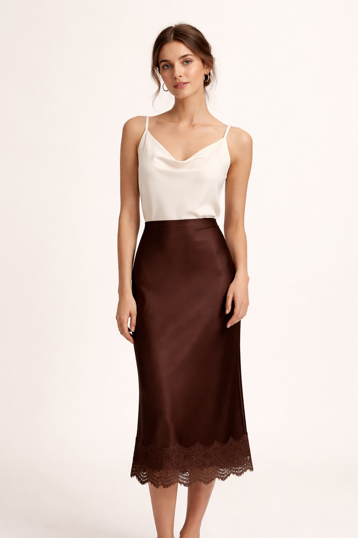 Sophisticated women's black maxi skirt, elegant lace hem, essential for formal evening wear.