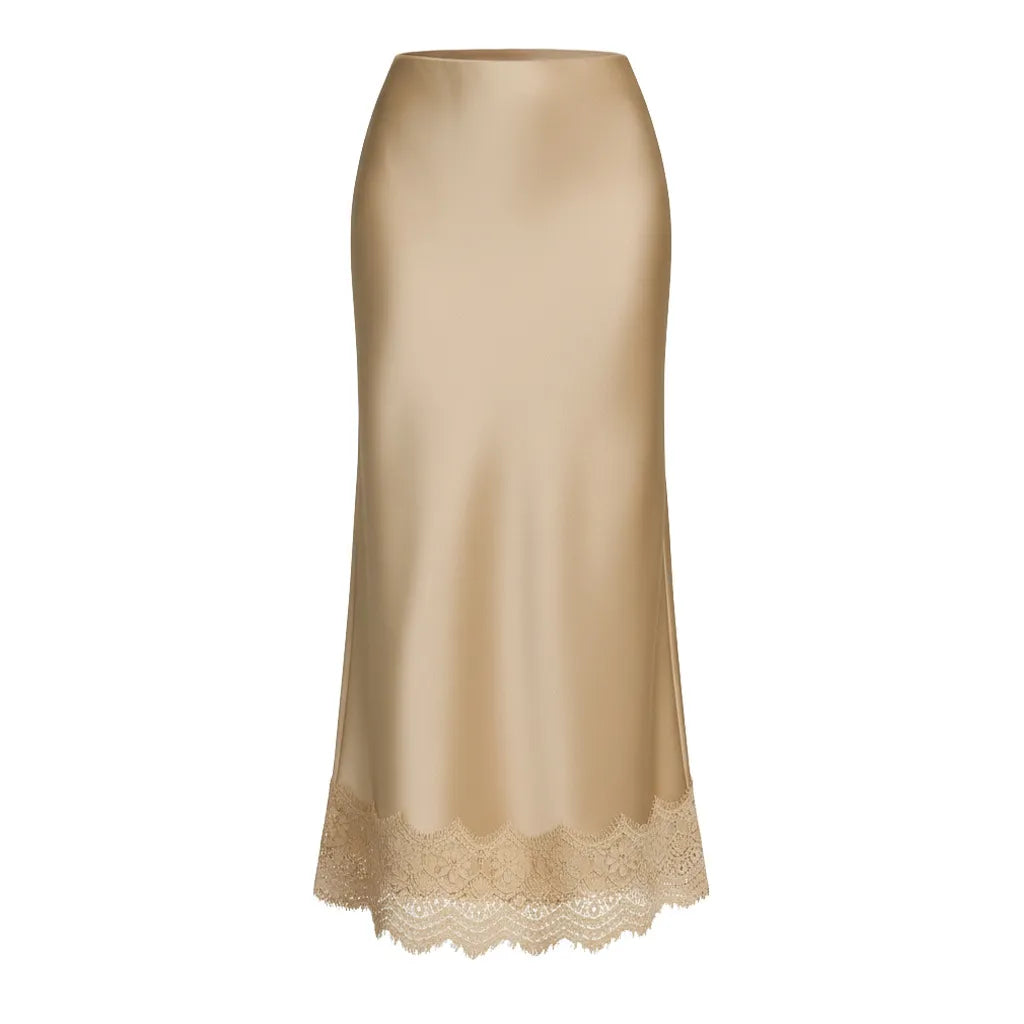 Long flowy women's skirt, intricate lace hem, a chic choice for formal dinner parties.