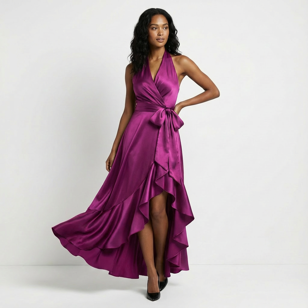 Elegant women's maxi wedding guest dress with stylish tie-waist bow. Perfect for formal occasions.