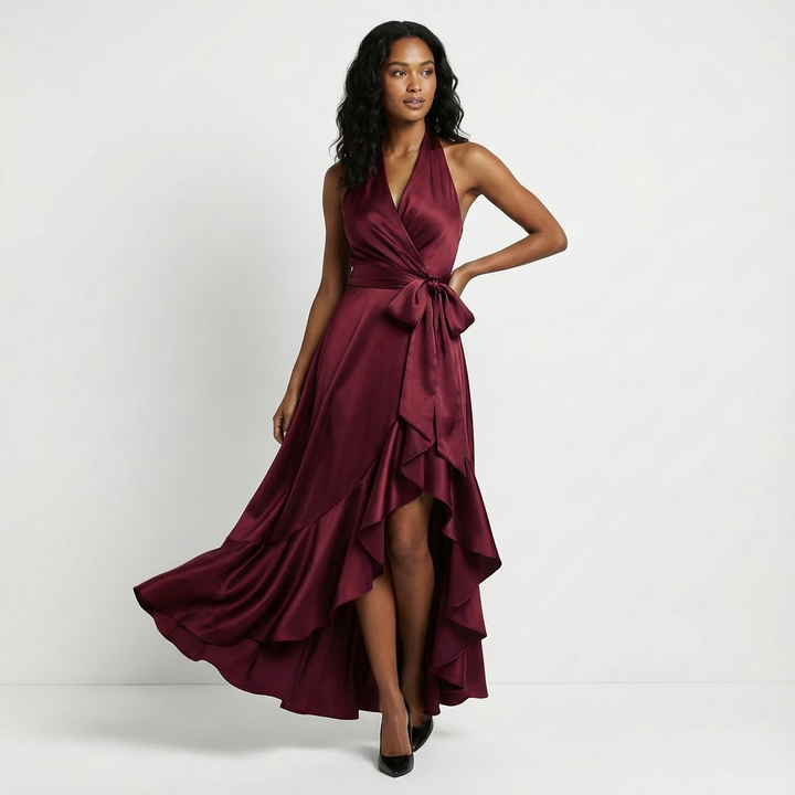 Sophisticated long formal dress for women, ideal as a wedding guest outfit or evening gown.