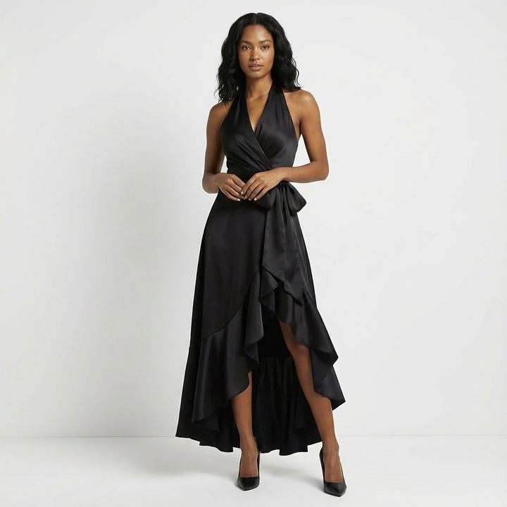 Modest yet elegant women's maxi dress with a graceful tie-waist bow, suitable for special events.