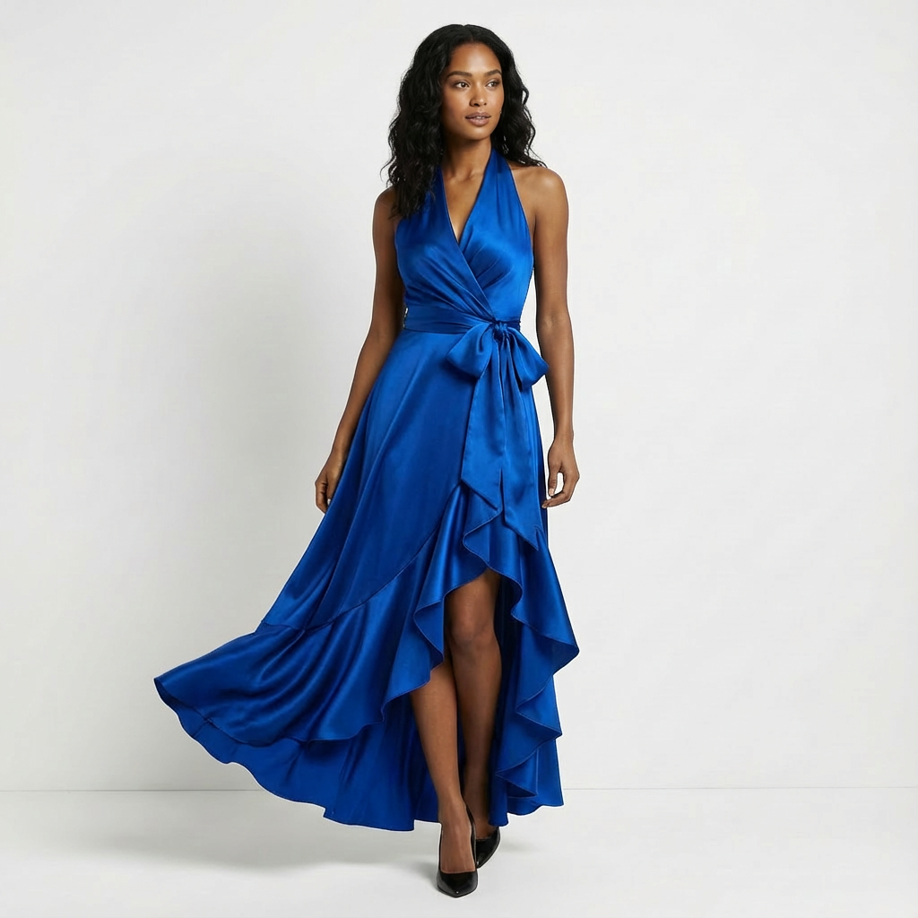 Women's sophisticated evening gown, a long maxi dress with a flattering tie-waist bow.