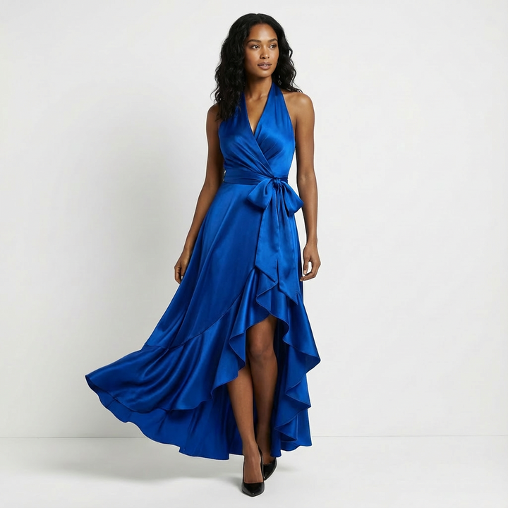 Women's sophisticated evening gown, a long maxi dress with a flattering tie-waist bow.
