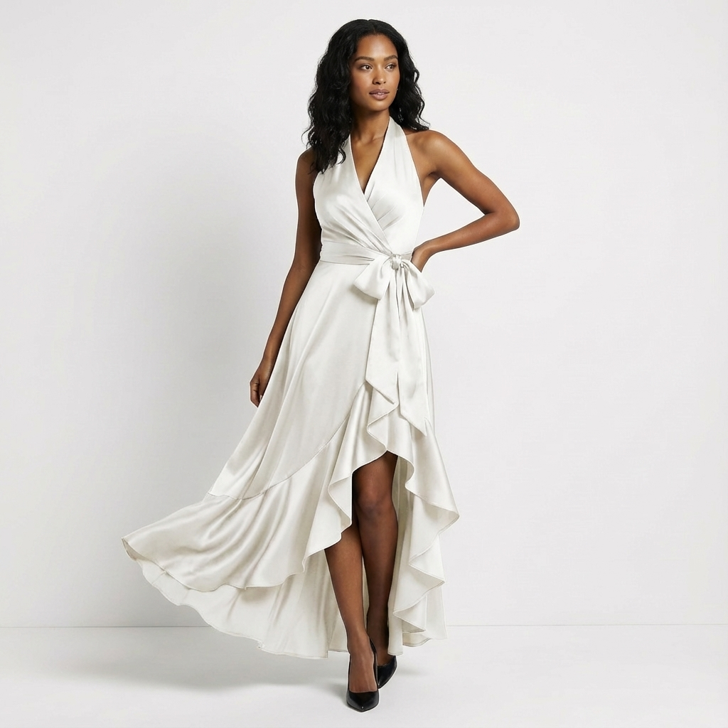 Formal wedding guest maxi dress for women, featuring an elegant tie-waist bow design.