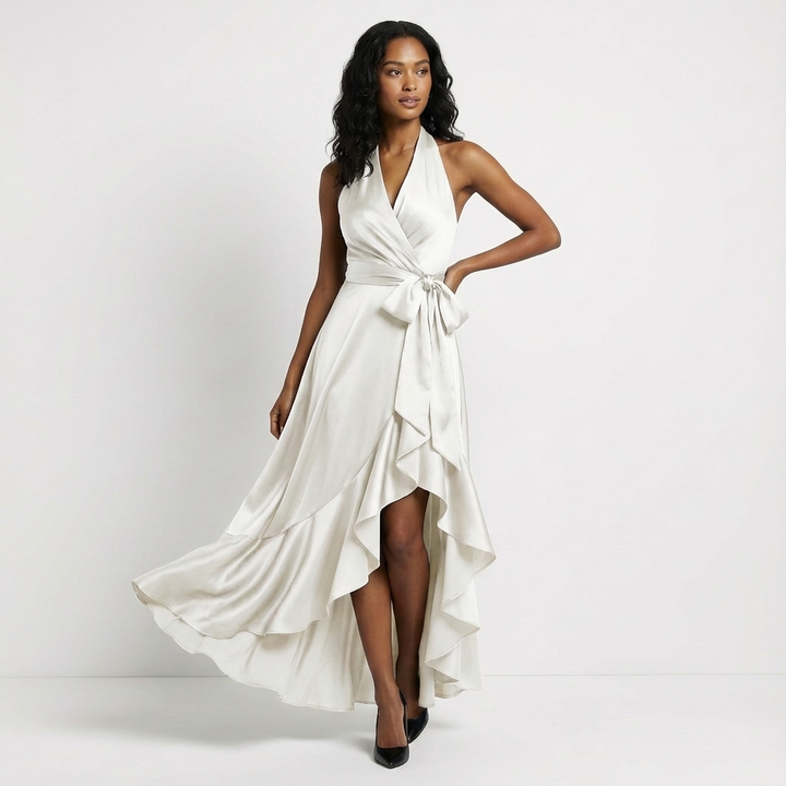 Formal wedding guest maxi dress for women, featuring an elegant tie-waist bow design.