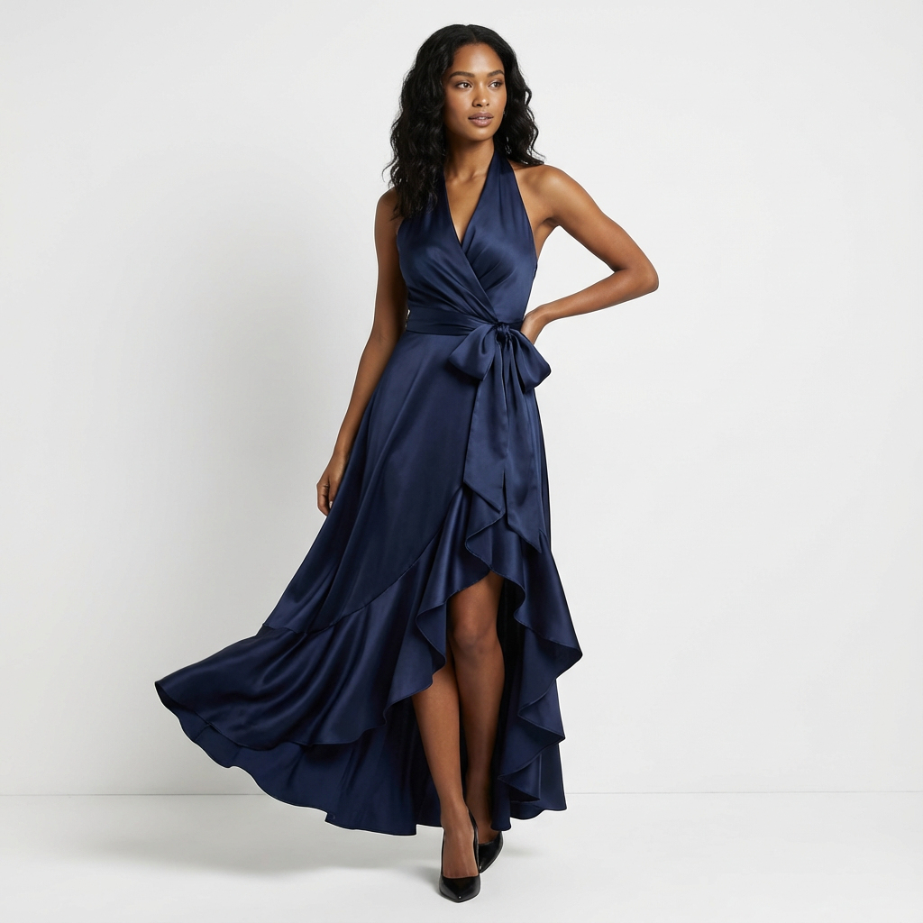 Elegant women's maxi dress, a sophisticated formal gown with a charming tie-waist bow.