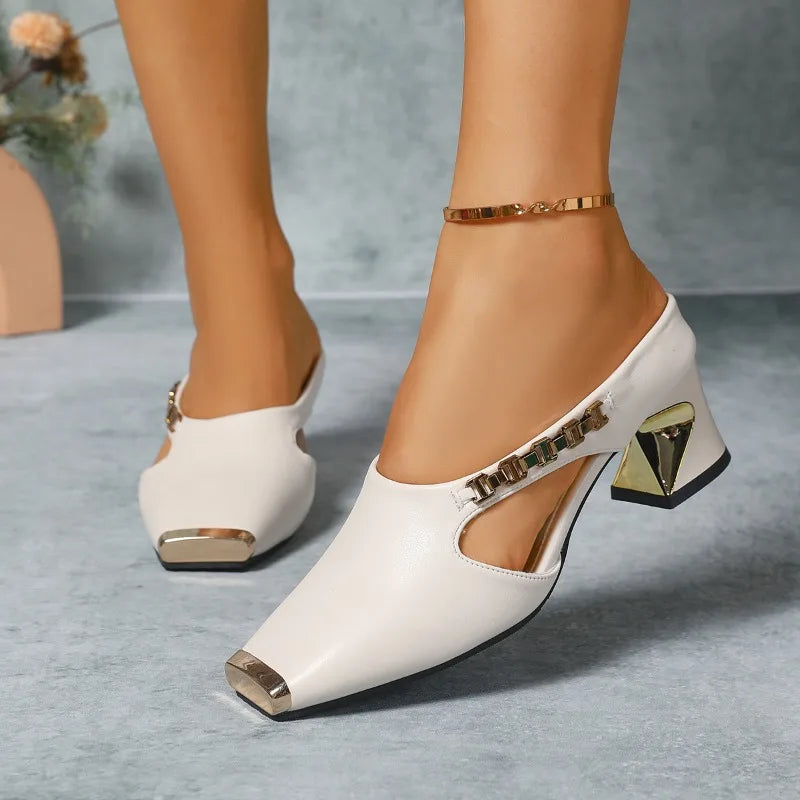 Sophisticated women's fashion stiletto pumps, featuring a shining metal toe. Perfect for elegant outfits & parties.