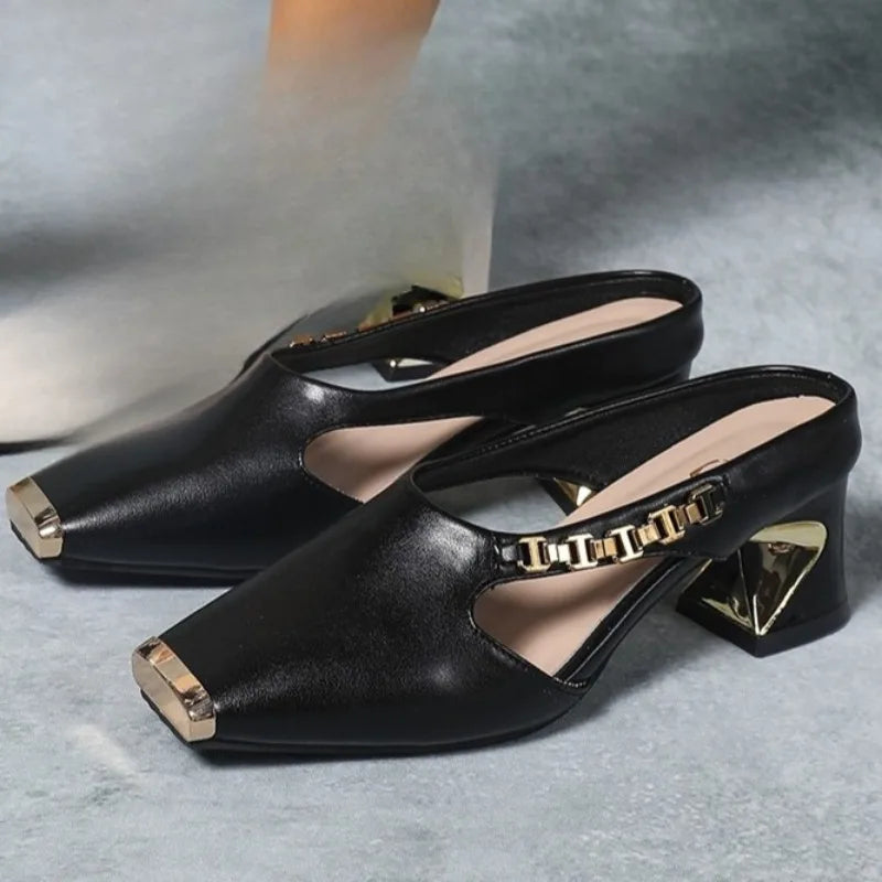 Luxurious women's pointed stiletto pumps with a shining metal toe. Elevate your formal or party look with these heels.