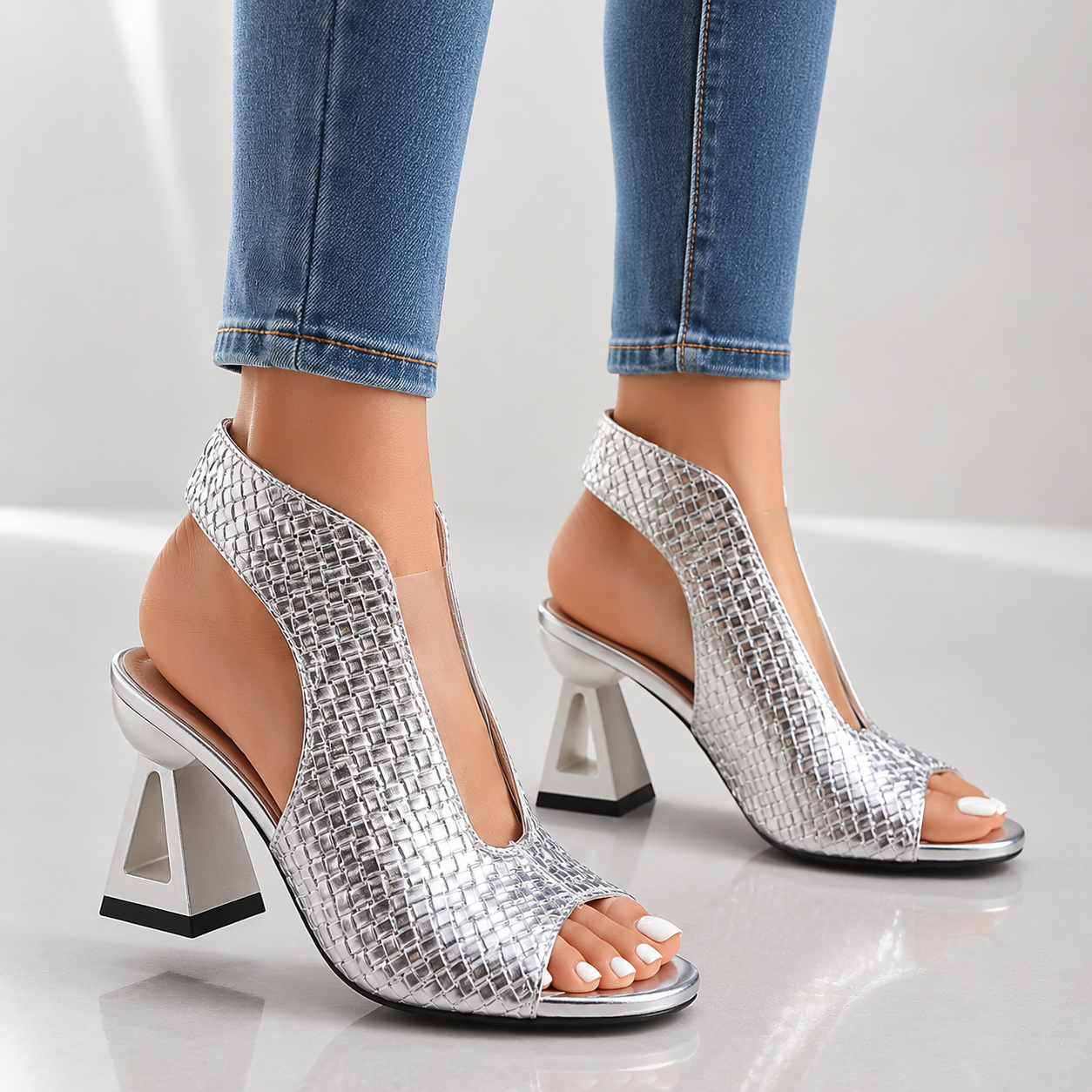 Sophisticated women's elegant heels, metallic weave texture, featuring a distinctive geometric heel design.