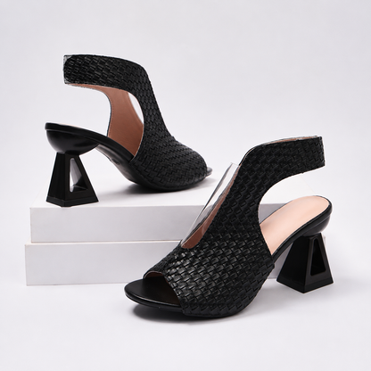 Premium women's elegant weave heels, slingback design, open toe, and modern geometric heel.