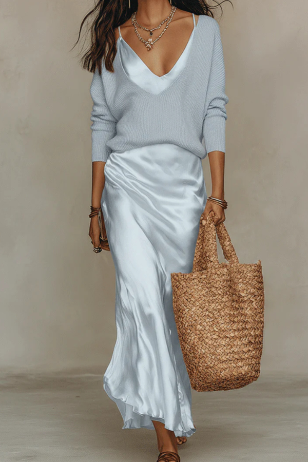Versatile women's elegant midi dress and sweater set, perfect for chic day-to-night layered fashion.