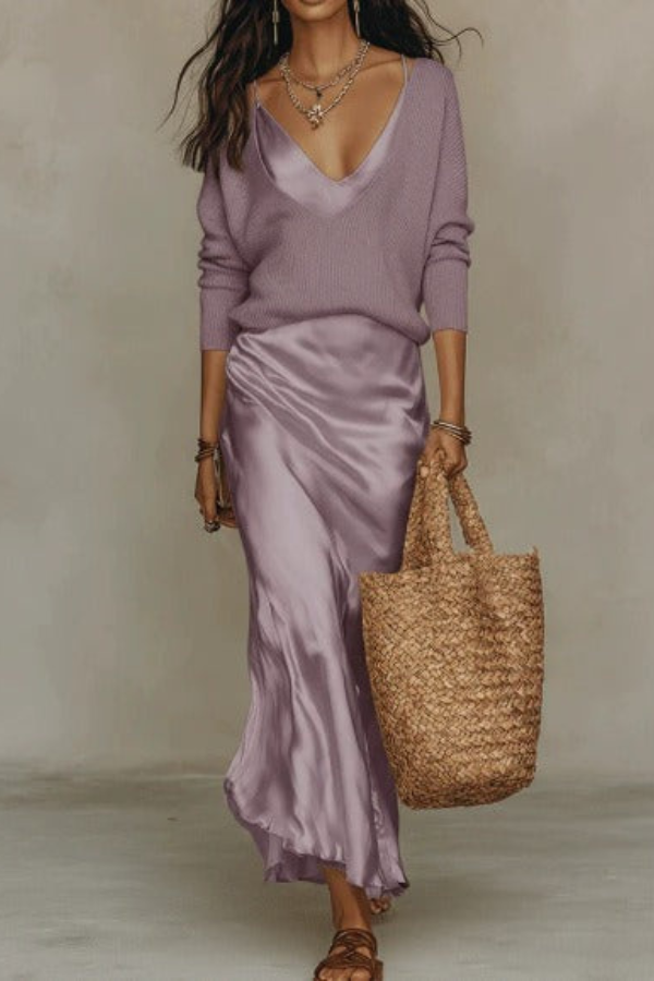 Women's two-piece midi dress & sweater set, offering comfortable and elegant coordinated style.