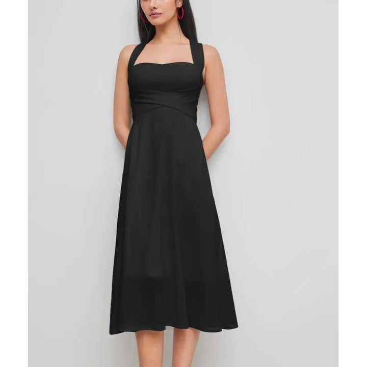 Versatile women's A-line midi dress with a square neck & cross-waist, ideal for elegant parties or casual wear.