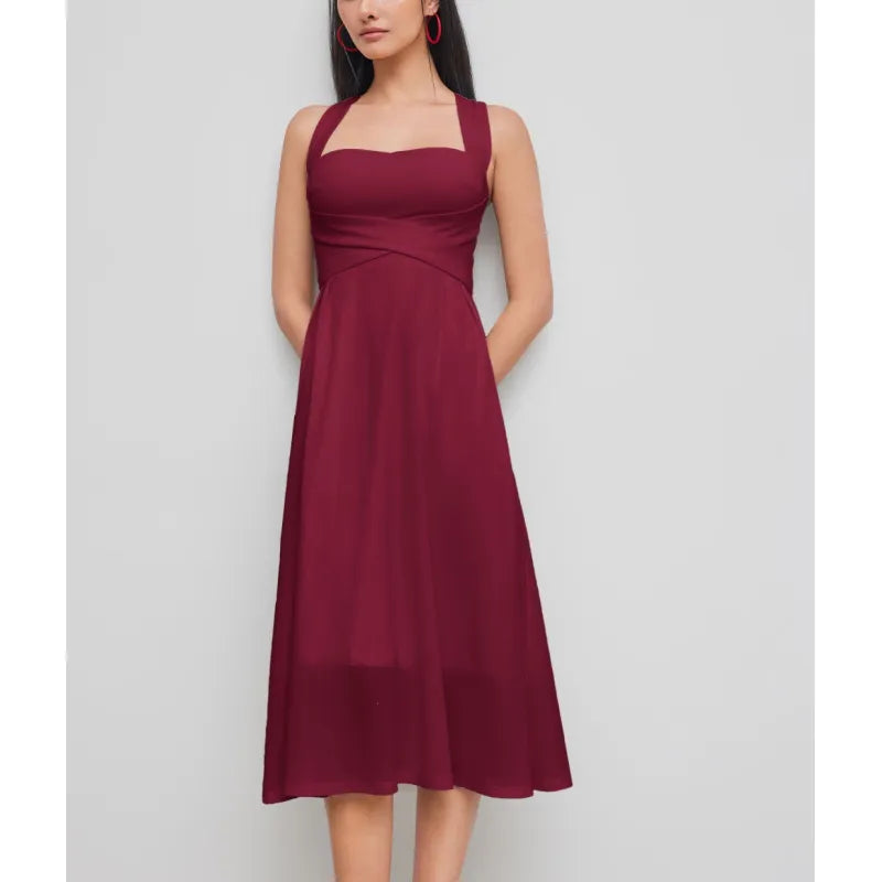 Sleeveless square neck midi dress for women, featuring an elegant cross-waist detail. Flattering & chic fashion.