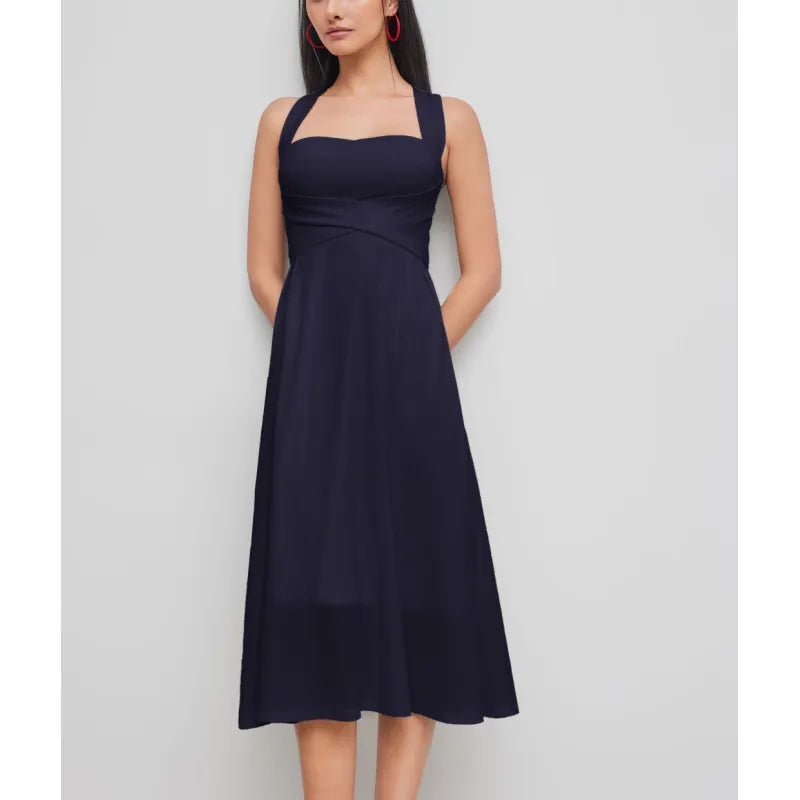 Flattering women's midi dress with elegant square neckline, stylish cross-waist design, and comfortable fit.