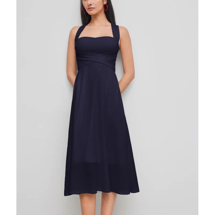 Flattering women's midi dress with elegant square neckline, stylish cross-waist design, and comfortable fit.