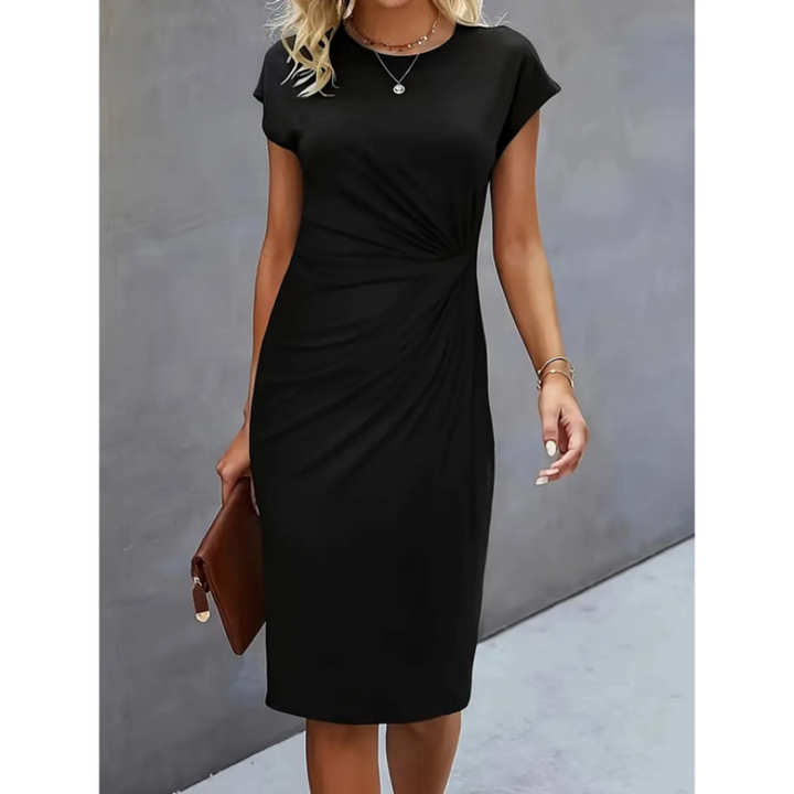 Elegant women's midi dress with cap sleeves, gathered waist, perfect for professional office wear & business casual.