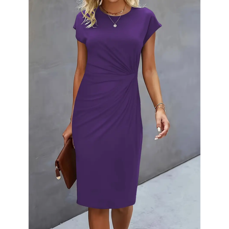 Stylish women's midi dress, cap sleeves & gathered waist. Ideal workwear, formal events, or versatile professional attire.