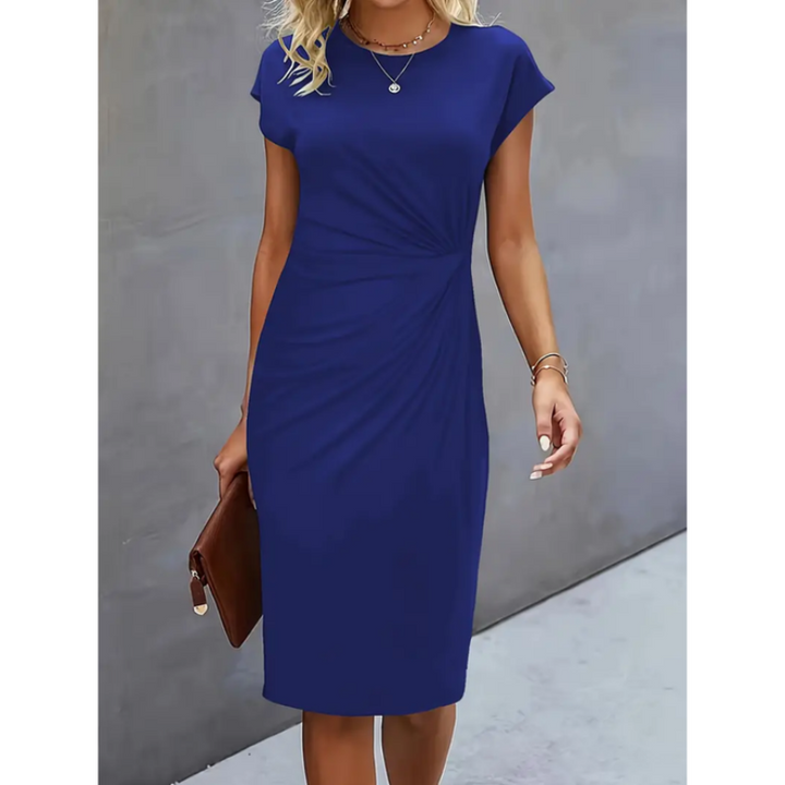 Sophisticated women's midi dress featuring cap sleeves & gathered waist, for an elegant, professional office look.