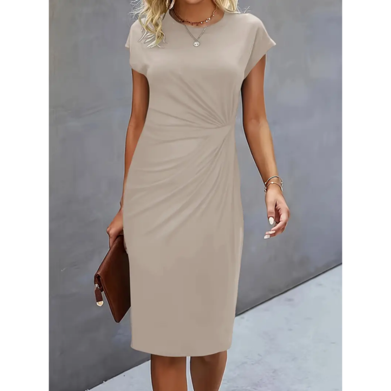 Professional women's midi dress with delicate cap sleeves & flattering gathered waist, suitable for office & events.